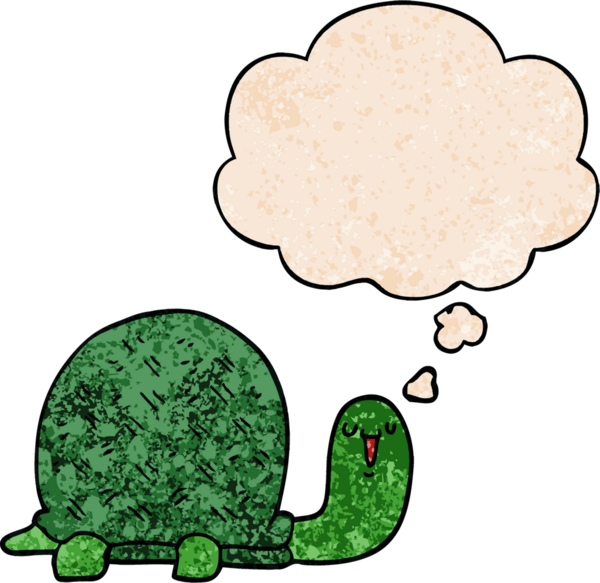 Bir insan tarafından çizilmiş grunge desenli düşünce baloncuğu olan sevimli çizgi film kaplumbağası.