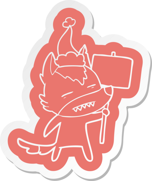 Bir insan tarafından çizilmiş Noel Baba şapkası takan dişleri gösteren bir kurt çıkartması.