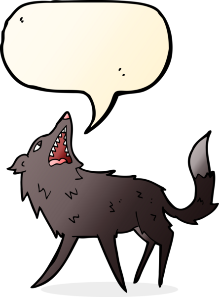 Bir insan tarafından çizilmiş konuşma baloncuğuyla kurt resmi.