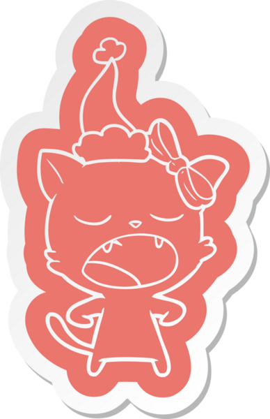 Bir insan tarafından çizilmiş Noel Baba şapkası giyen esneyen bir kedinin garip çizgi film çıkartması.