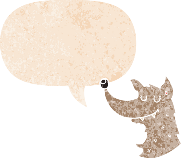 Konuşma baloncuğu olan bir karikatür kurdu, bir insan tarafından çizilmiş, sıkıntılı eski moda bir stil.