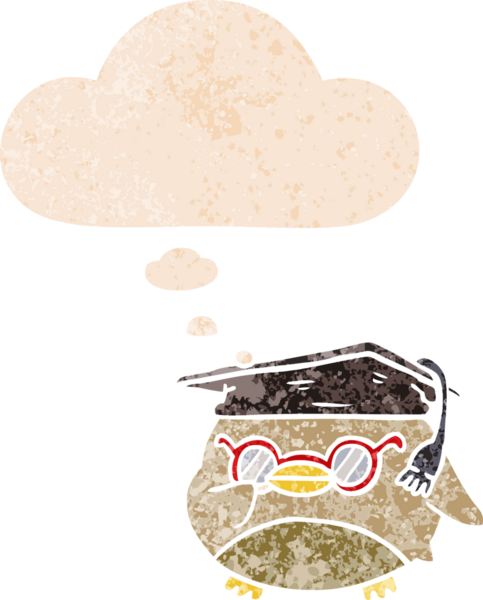 Düşünce baloncuğu ile çizgi film zeki kuş grunge sıkıntılı retro dokuma bir insan tarafından çizilmiş