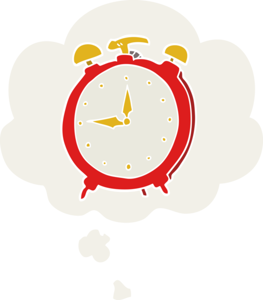 bir insan tarafından çizilmiş, düşünce baloncuklu çizgi film alarm saati