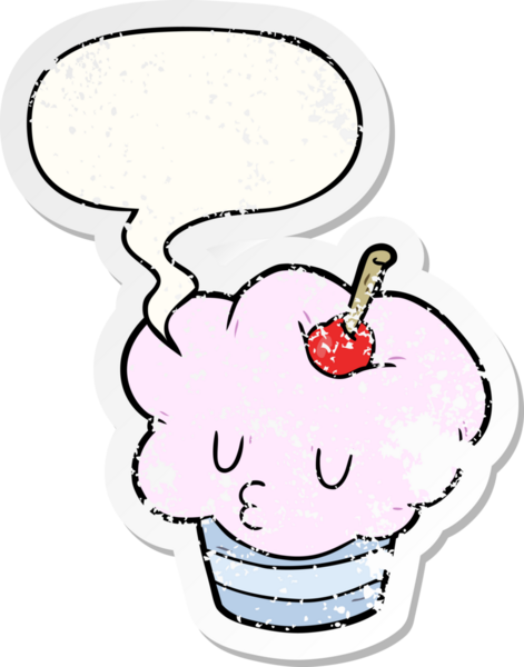 Konuşma balonlu komik çizgi film keki. Bir insan tarafından çizilmiş sıkıntılı eski bir çıkartma.