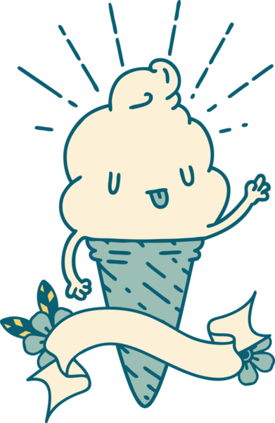 Bir insan tarafından çizilmiş dövmeli dondurma karakterli parşömen.