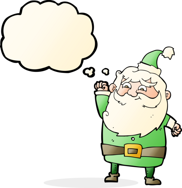 Bir insan tarafından çizilmiş düşünce baloncuklu Noel Baba çizgi filmi.