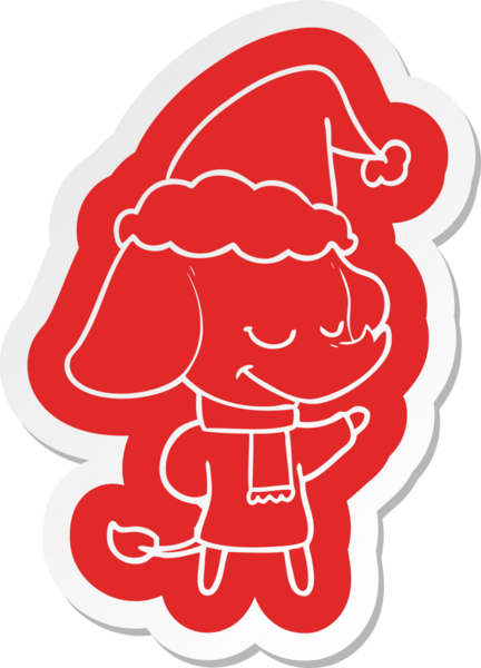 Bir insan tarafından çizilmiş Noel Baba şapkası takan gülümseyen bir fil çıkartması.