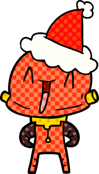 Bir insan tarafından çizilmiş Noel Baba şapkası giyen bir robotun el çizimi çizgi roman tarzı çizimi.