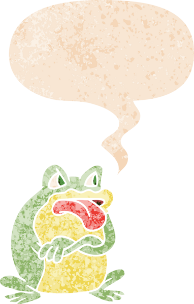 Grunge 'da konuşma baloncuğu olan huysuz çizgi film kurbağası bir insan tarafından çizilmiş tedirgin geçmiş dokuma tarzı.
