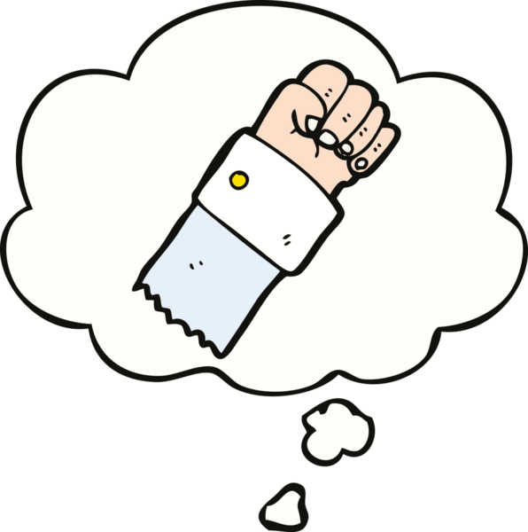 Bir insan tarafından çizilmiş düşünce baloncuğuyla yumruk kaldırılmış bir çizgi film.