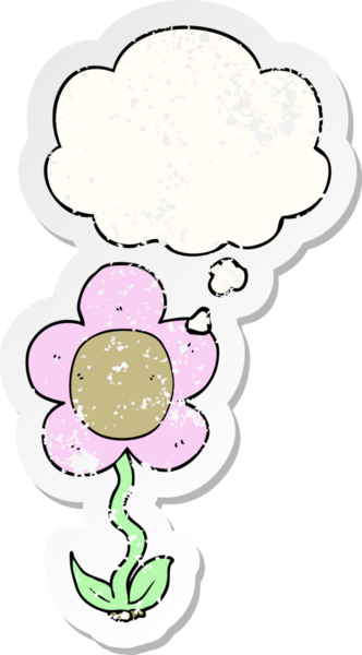 Düşünce baloncuğu olan karikatür çiçeği insan tarafından çizilmiş yıpranmış bir çıkartma gibi.