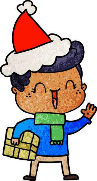 Bir insan tarafından çizilmiş Noel Baba şapkası takan gülen bir çocuğun el çizimi karikatürü.