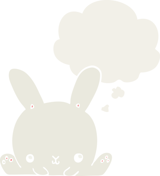 Düşünce baloncuklu çizgi film tavşanı insan tarafından çizilmiş.