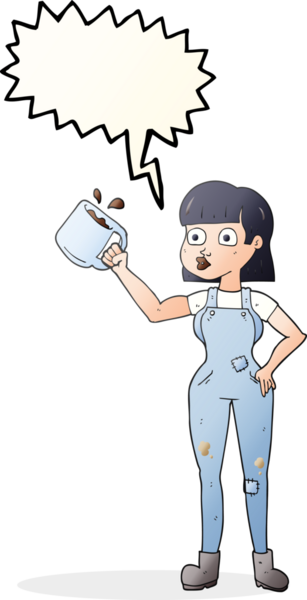 Bir insan tarafından çizilmiş kahve fincanı ile serbest konuşma balonu çizilmiş kadın işçi.