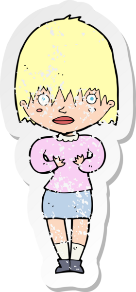 Bir insan tarafından çizilen Kim Ben jestini yapan karikatürlü bir kadının gerilimli çıkartması.