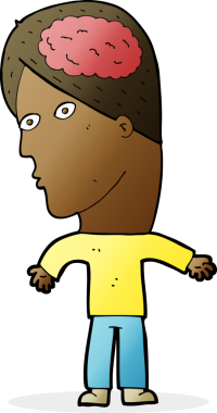 Bir insan tarafından çizilmiş beyin sembolü olan çizgi film adamı.