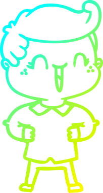 Bir insan tarafından çizilmiş kalçasında elleri olan gülen bir çizgi film karakteri çizimi.