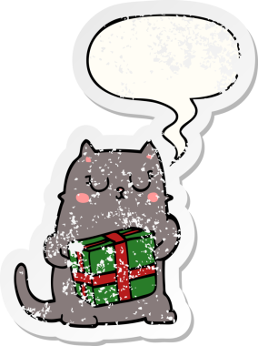 Bir insan tarafından çizilmiş sıkıntılı eski bir çıkartma, konuşma balonlu bir çizgi film kedisi.