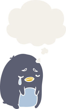Karikatür ağlayan penguen. Düşünce baloncuğu insan tarafından çizilmiş.