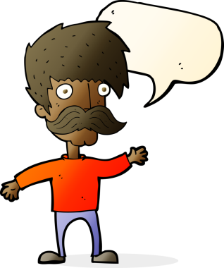 Bir insan tarafından çizilmiş konuşma baloncuğuyla bıyıklı çizgi film adamı.