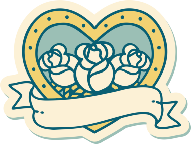 Geleneksel kalp stili dövme çıkartması ve bir insan tarafından çizilmiş çiçekli pankart.