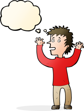 Bir insan tarafından çizilmiş düşünce baloncuğu olan heyecanlı çocuk.