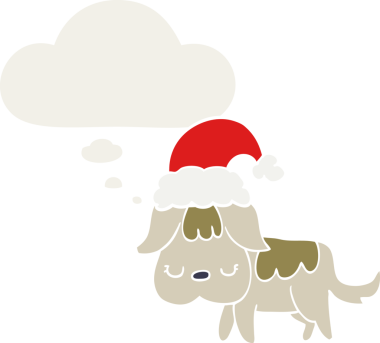 Bir insan tarafından çizilmiş düşünce baloncuğu olan şirin bir Noel köpeği.
