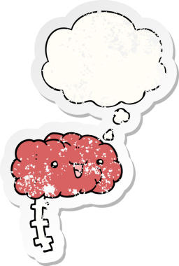 Düşünce baloncuklu mutlu çizgi film beyni bir insan tarafından çizilmiş yıpranmış bir çıkartma gibi.