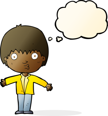 Bir insan tarafından çizilmiş düşünce baloncuğu olan bir çocuk.