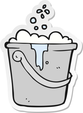 Bir insan tarafından çizilmiş çizgi film temizlik kovası çıkartması.