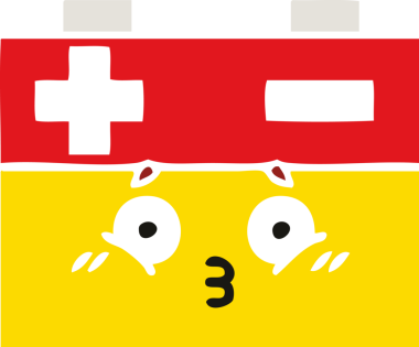 Bir insan tarafından çizilen araba aküsünün düz renkli retro karikatürü