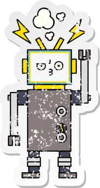 Bir insan tarafından çizilmiş sevimli bir robot çizgi film çıkartması.