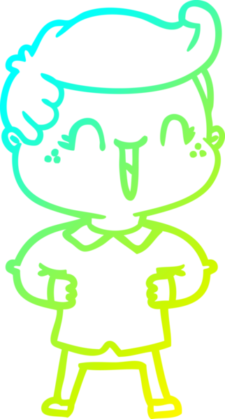 Bir insan tarafından çizilmiş kalçasında elleri olan gülen bir çizgi film karakteri çizimi.