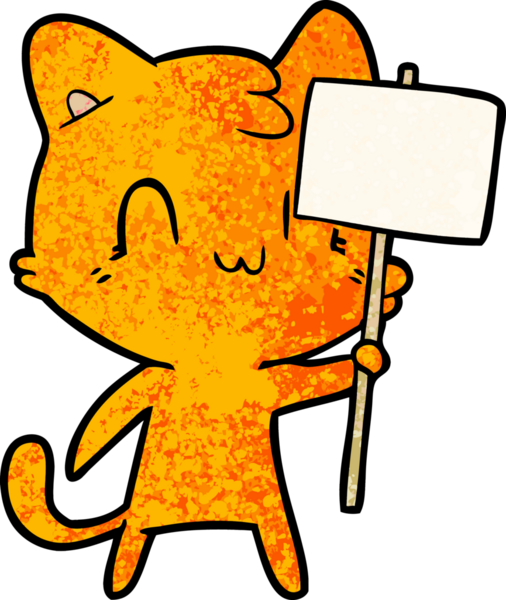 Bir insan tarafından çizilmiş boş tabelalı mutlu kedi çizgi filmi.