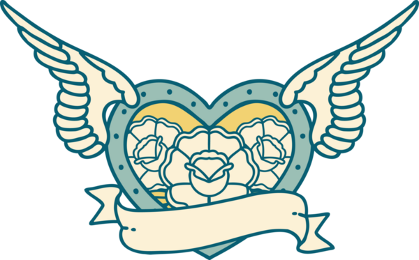 Bir insan tarafından çizilmiş çiçek ve bayrak ile uçan bir kalbin ikonik dövme görüntüsü