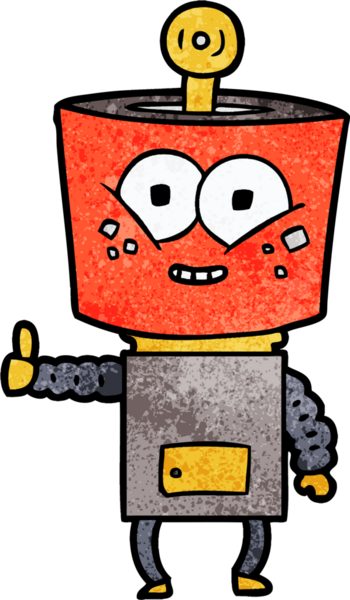 Bir insan tarafından çizilmiş mutlu çizgi film robotu.
