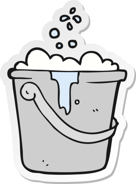 Bir insan tarafından çizilmiş çizgi film temizlik kovası çıkartması.