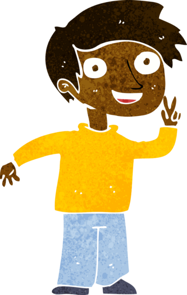 Bir insan tarafından çizilmiş bir fotoğraf için poz veren çizgi film çocuğu.