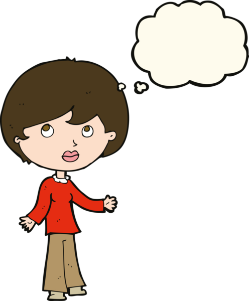 Bir insan tarafından çizilmiş düşünce baloncuğuyla düşünen çizgi film kadını.