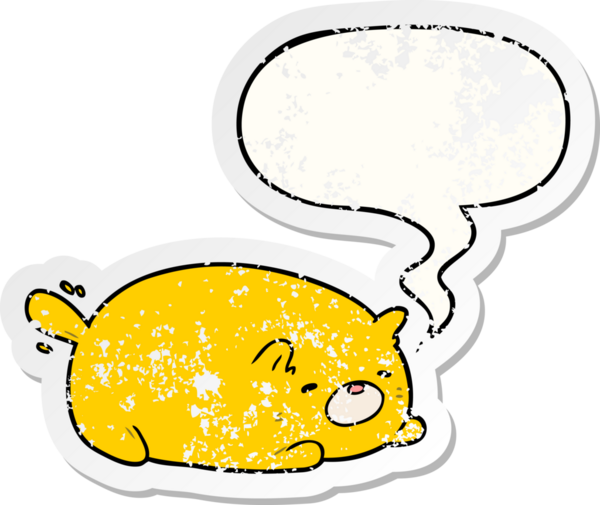 Konuşma baloncuğu olan sevimli çizgi film kedisi bir insan tarafından çizilmiş sıkıntılı eski bir çıkartma