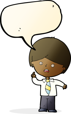 Çizgi film endişeli okul çocuğu bir insan tarafından çizilmiş konuşma balonuyla el kaldırıyor.