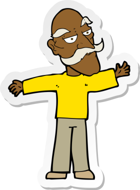 Bir karikatür çıkartması. Yaşlı bir adam kollarını açıyor. Bir insan tarafından çizilmiş.