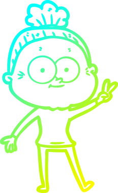 Bir insan tarafından çizilmiş, mutlu, yaşlı bir kadının çizimi.