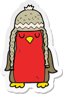 Bir insan tarafından çizilmiş kış şapkası takan bir çizgi robin çıkartması.