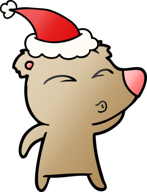 Bir insan tarafından çizilmiş Noel Baba şapkası giymiş bir ayının el çizimi karikatürü.