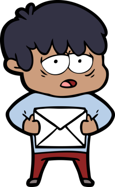 Bir insan tarafından çizilmiş bir mektupla yorgun çocuk çizgi filmi.