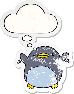 Düşünce baloncuğu ile kanat çırpan sevimli penguen dertli bir çıkartma gibi bir insan tarafından çizilmiş