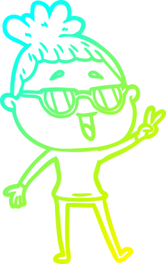 Bir insan tarafından çizilmiş gözlük takan mutlu bir kadının çizgi film çizimi.