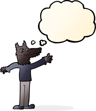 Bir insan tarafından çizilmiş düşünce balonlu bir kurt sallayan çizgi film.