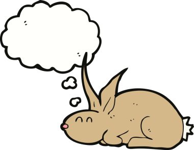 Bir insan tarafından çizilmiş düşünce kabarcığı olan çizgi film tavşanı.